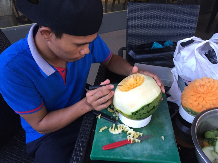 our kitchen steward Ahzimin practising on fruit carving and getting himself ready to represent our hotel at the Hospitality Fiesta Talent Competition on Saturday